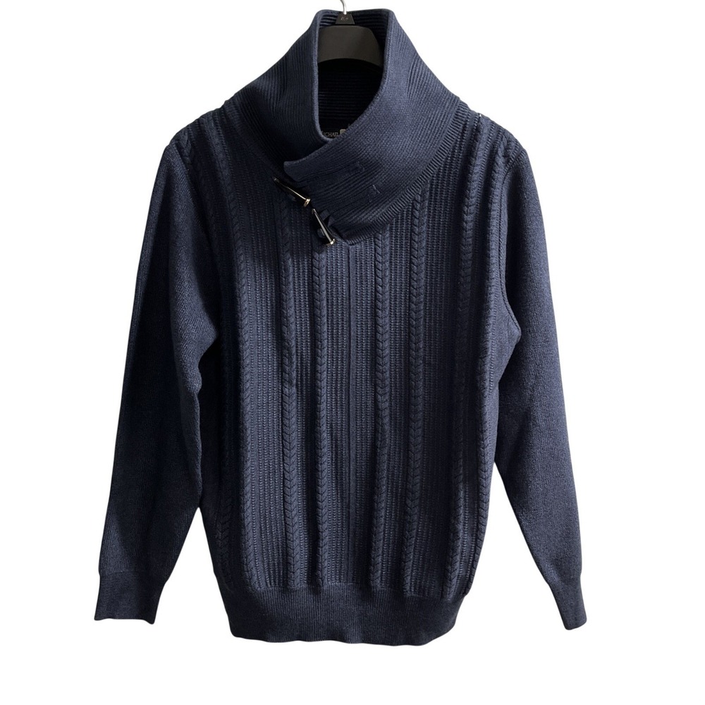 Michael 88 Irvin Sweater Blue Shawl Collar Textured 3D Knit Toggle Button Mens M